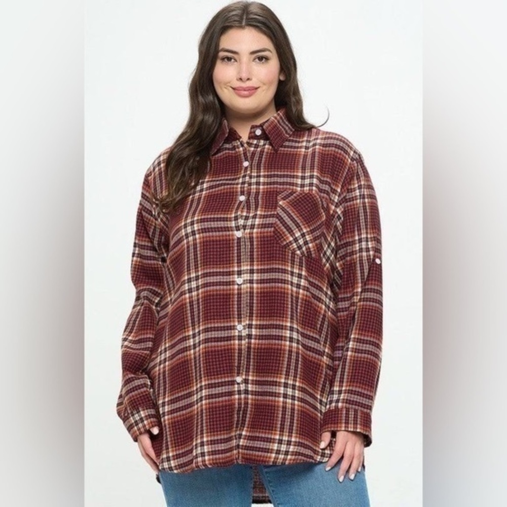 Burgundy Plaid Long Sleeved Button Up Shirt